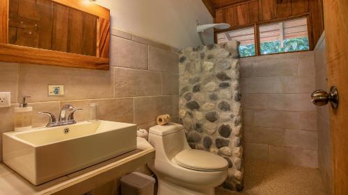 a bathroom with a toilet and a sink and a shower at Esquinas Rainforest Lodge in Golfito