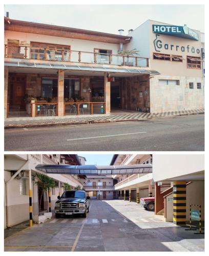 two pictures of a hotel with a truck parked outside at Hotel Garrafão - Rua Principal de Boituva in Boituva