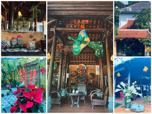 a collage of photos of a building with flowers and a butterfly at Trầm Homestay in Thôn An Hòa