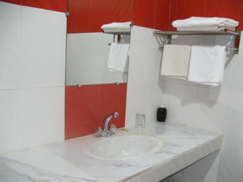 a bathroom with a sink and red and white walls at Auberge Tinit in Er Rachidia