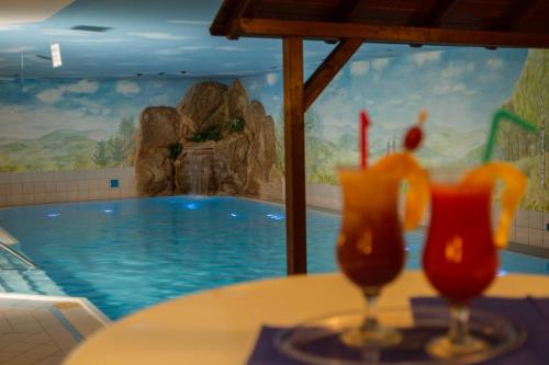 dos bebidas en una mesa frente a una piscina en Hotel Schwarzbeerschänke Pobershau, en Pobershau