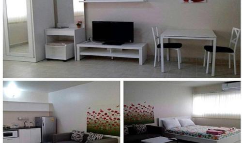 Family Room Dmk Don mueang Airport 2 bedrooms في Ban Bang Phang: صورتين لغرفة معيشة ومطبخ