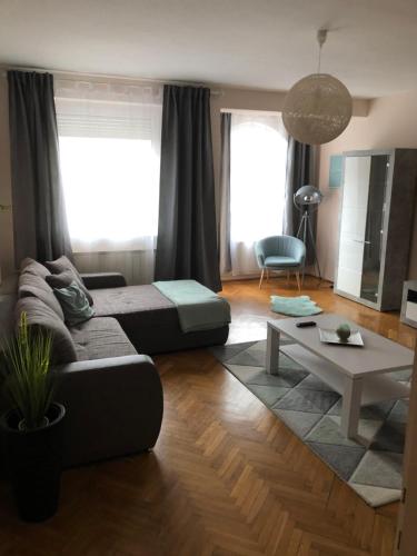 - un salon avec un canapé et une table dans l'établissement Szeged Gyöngye, à Szeged