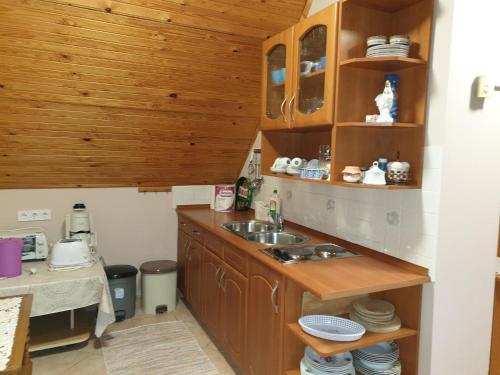 Una cocina con gabinetes de madera y un fregadero. en Ilda Apartments, en Harkány