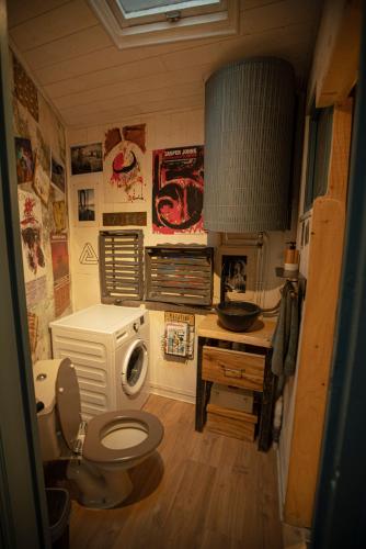 une petite salle de bain avec toilettes et lavabo dans l'établissement Le Refuge Cérétan, grand et bel appartement mansardé en plein centre, à Céret