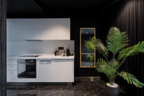 a kitchen with white cabinets and a potted plant at H Hotel & SPA - Adults Only in St Julian's