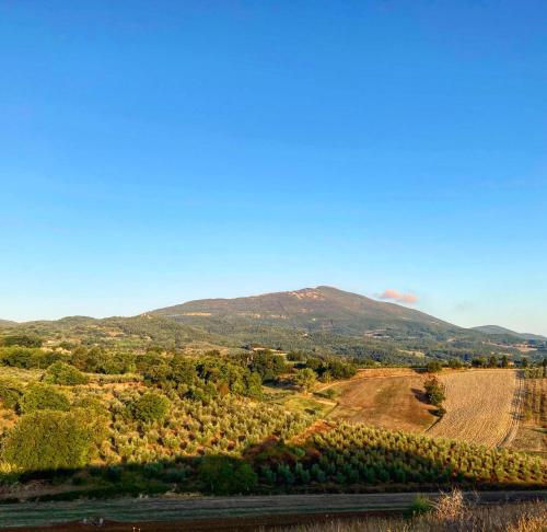 an aerial view of a farm with mountains in the background at B&B Locanda Toscanini in Cetona