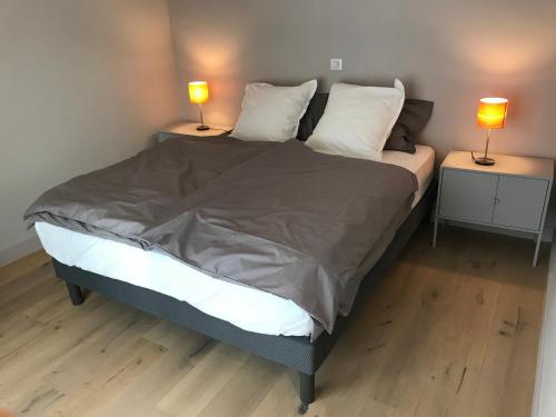 une chambre avec un lit avec deux lampes sur deux tables dans l'établissement LA COSTIERE DU LAC - ANNECY - Vieille ville, Plage, Garage, à Annecy