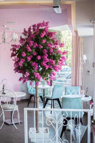a large tree with pink flowers in a room with chairs at Garni Hotel Lotos in Niš