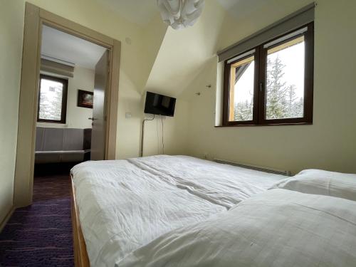 a bedroom with a white bed and a window at Apartment Koko in Kopaonik