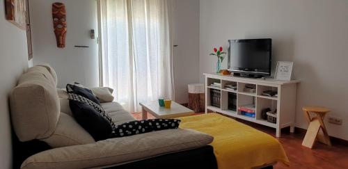 salon z kanapą i telewizorem w obiekcie AT La Catamusa w mieście Serradilla