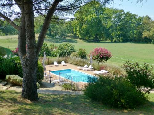 a swimming pool in a yard with a tree at Gîtes Château de la Selve in Grospierres