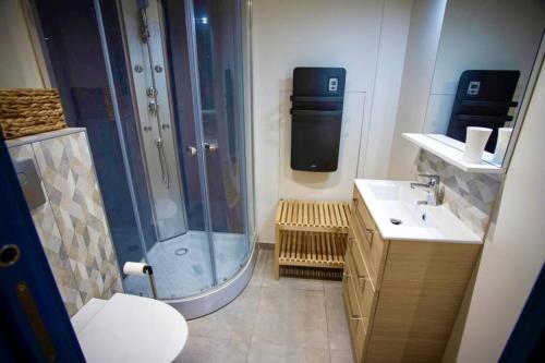 a bathroom with a shower and a toilet and a sink at Tiny House in Pau