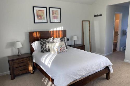 una camera da letto con un grande letto con cuscini sopra di Very Spacious apartment close to Lions Head Gondola a Vail
