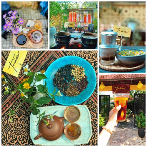 a collage of pictures of food and flowers on a table at Trầm Homestay in Thôn An Hòa