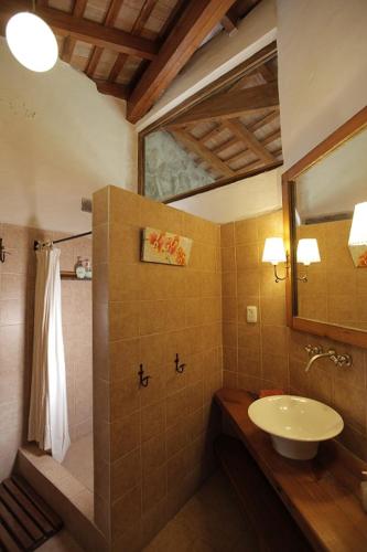a bathroom with a sink and a shower at Cabañas Las Perdices de Candonga in Agua de Oro