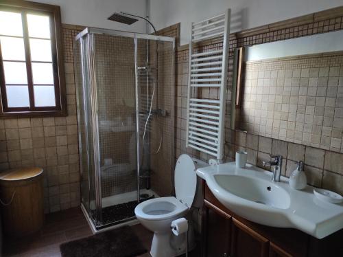 y baño con ducha, aseo y lavamanos. en Casa Los Almendros Jacuzzi Garden, en Puntagorda