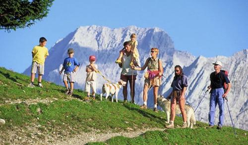 a group of people standing on a hill with dogs at Gästehaus Panorama in Biberwier