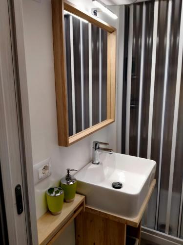 a bathroom with a sink and a mirror and a shower at Il Loft nel Borgo Sospeso "con vista panoramica" in Vitorchiano