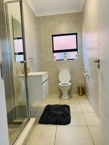 a bathroom with a toilet and a shower and a window at The Blyde 104 in Pretoria