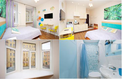 a collage of photos of a bedroom and a bathroom at Narvskiye Vorota Apartments in Saint Petersburg