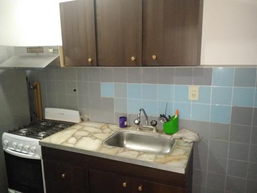 cocina con fregadero y fogones en Residencia La Perla en Mar del Plata