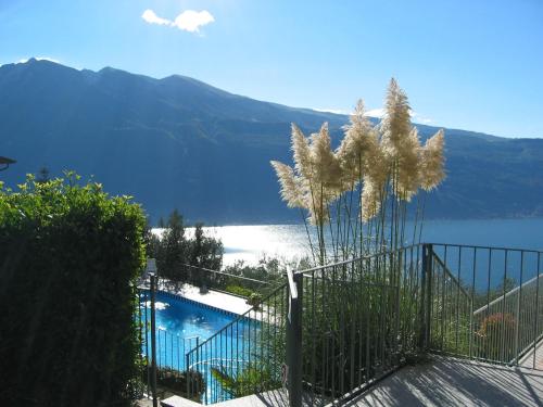 a fence next to a swimming pool next to a lake at Residence Erika in Tignale