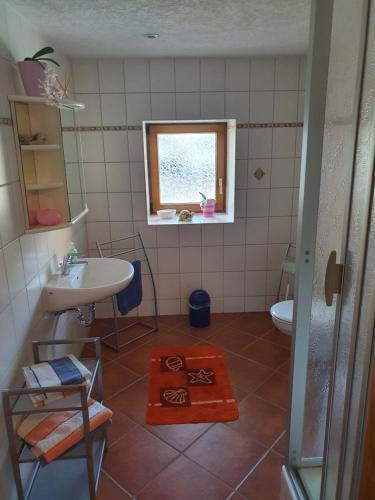 een badkamer met een wastafel, een toilet en een raam bij Alte Schäferei Bad Gottleuba in Bad Gottleuba