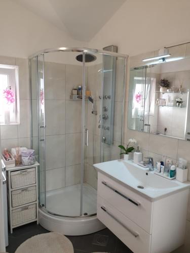 een badkamer met een douche en een wastafel bij Apartmani Mlikotić in Dugi Rat