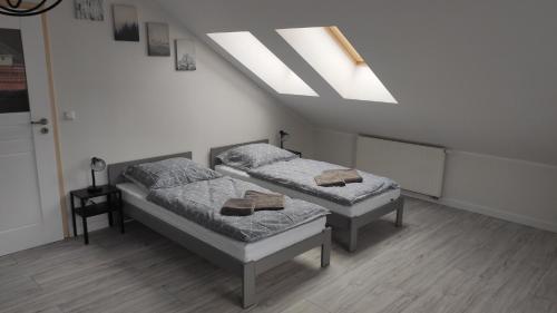 two twin beds in a room with a skylight at Apart Hotel 38 (95m2) in Polanica-Zdrój