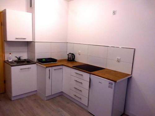 a small kitchen with white cabinets and a sink at Welcome Cozy Apartment Old Town in Elblag