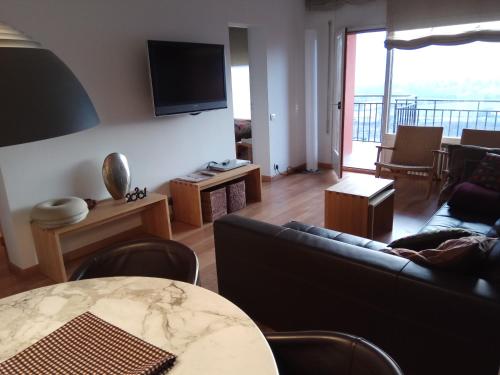 a living room with a couch and a table and a television at APARTAMENTO MIRADOR DEL CADI in Puigcerdà