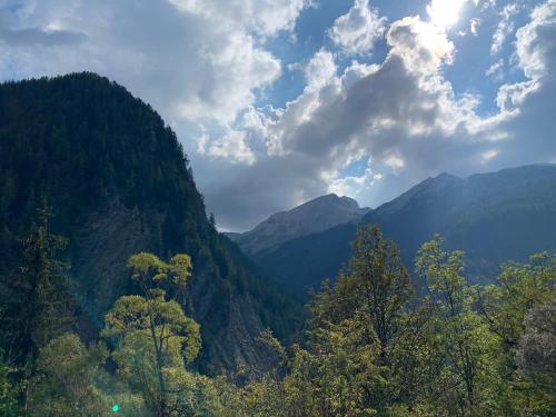 a view of a valley with trees and mountains at Hôtel l'Équipe in Le Sauze