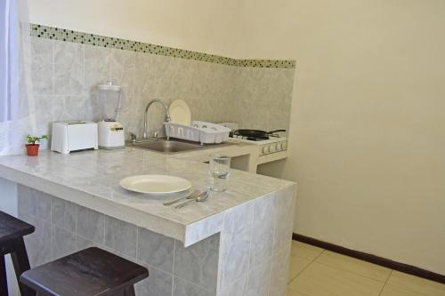 uma cozinha com um balcão com um lavatório e um fogão em Hotel Blue Home Vallarta em Puerto Vallarta