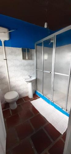 a bathroom with a toilet and a sink at Pousada D'Aconchego Nova Brasilia in Ilha do Mel