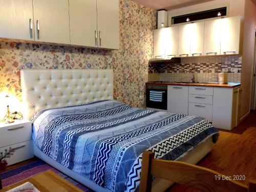 a bedroom with a bed and a kitchen with white cabinets at Studio Silva in Tirana