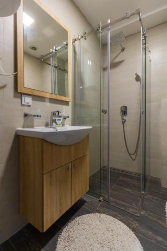 ein Badezimmer mit Waschbecken und Dusche in der Unterkunft Binis in Zlatibor