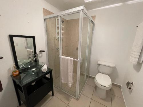 a bathroom with a toilet and a glass shower at Tropical Home in excellent location just 10 min from Nuevo Vallarta Beach in Mezcales