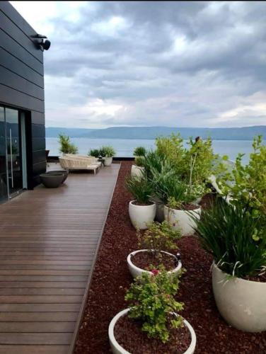 a deck with plants in white pots on a building at Sofia Hotel Sea Of Galilee in Tiberias
