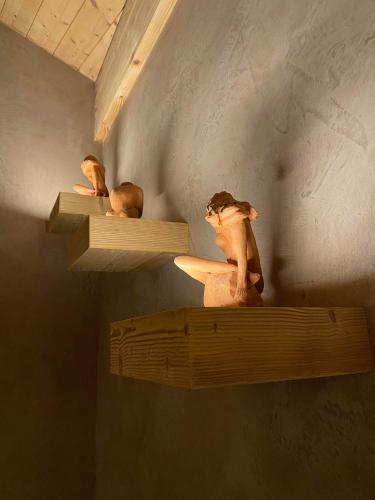 three figurines sitting on wooden shelves in a room at Micro-lodge, Jardin Secret in Montriond