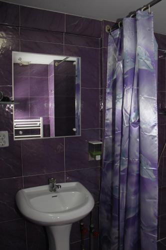 a bathroom with a sink and a purple shower curtain at Pensiunea Casa Alex in Sadova