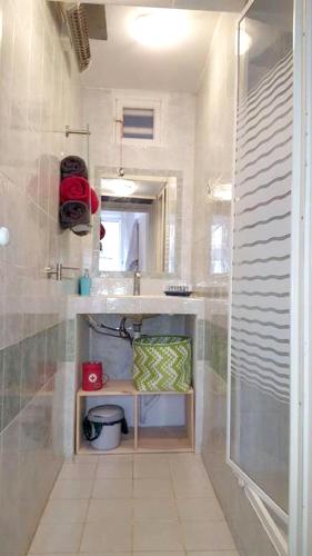 une salle de bain avec une douche, un lavabo et un miroir dans l'établissement Appartement lumineux à La Ciotat, 50 m², avec vue sur la ville, à La Ciotat