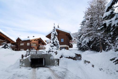 a house covered in snow in front of a road at Chalet Cirmolo in Livigno