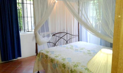 a bedroom with a bed and a window with curtains at 2 bedrooms appartement with shared pool enclosed garden and wifi at Grande Gaube 1 km away from the beach in Grand Gaube
