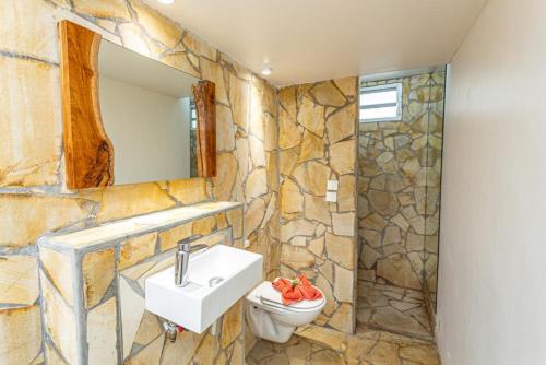 Baño de piedra con lavabo y aseo en Villa de 2 chambres avec vue sur la mer piscine privee et jardin clos a Sainte Rose, en Sainte-Rose