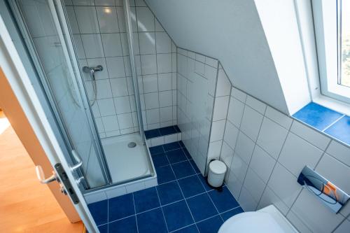 a bathroom with a shower and a toilet at Black Forest Bike Hostel in Kirchzarten