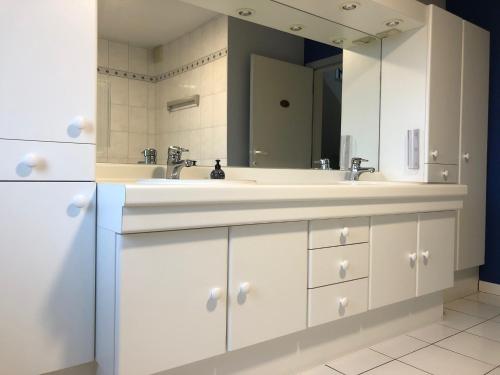a bathroom with a white sink and a mirror at Vakantiewoning De Kassei Geraardsbergen max 12personen in Geraardsbergen
