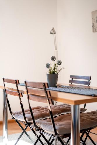 a table with two chairs and a table with a potted plant at Black Forest Bike Hostel in Kirchzarten