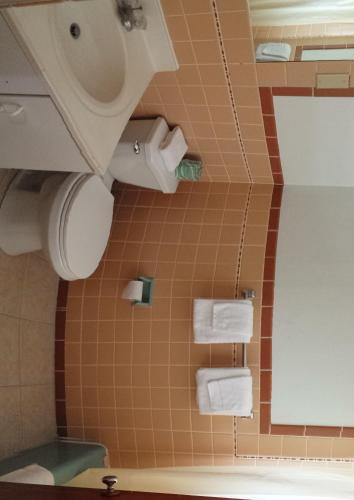 a bathroom with a sink and a toilet and towels at Budget Host Inn in Bedford