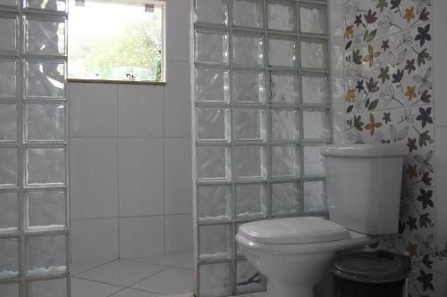 a bathroom with a toilet and glass block walls at Nosso Lounge Hostel in Florianópolis